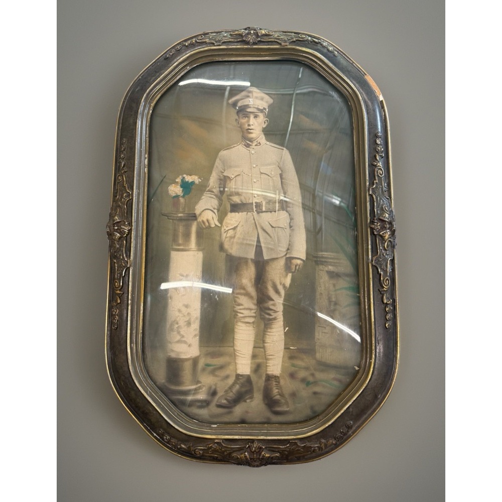 Antique WWI Doughboy Portrait Convex Bubble Glass Oval Wood Frame 22x16 Vintage